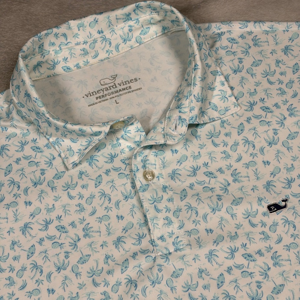 Vineyard Vines Performance Polo Mens Large Blue Tropical Palm Pineapple 1G012684